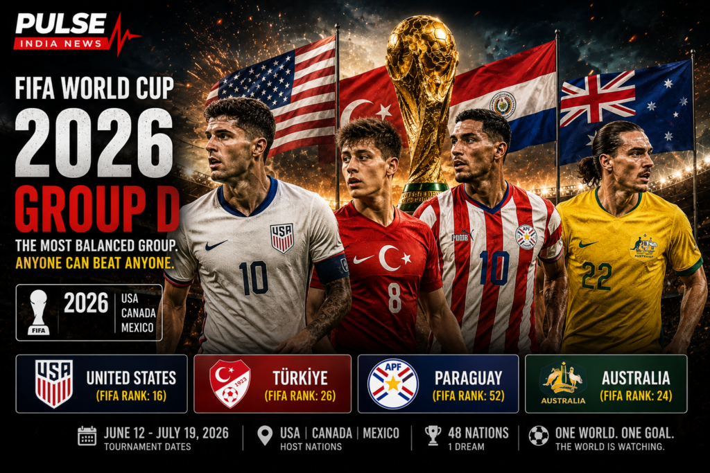 FIFA World Cup 2026 Group D preview poster featuring players from the United States, Türkiye, Paraguay and Australia standing in front of their national flags with the FIFA World Cup trophy in the center. The graphic displays FIFA rankings, tournament details, host nations USA, Canada and Mexico, and Pulse India News branding.