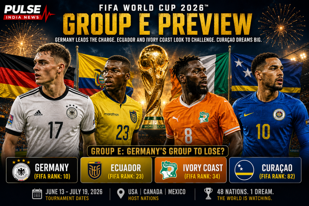FIFA World Cup 2026 Group E preview poster featuring players from Germany, Ecuador, Ivory Coast and Curaçao standing in front of their national flags with the FIFA World Cup trophy in the center. The graphic displays FIFA rankings, tournament dates, host nations USA, Canada and Mexico, and Pulse India News branding.
