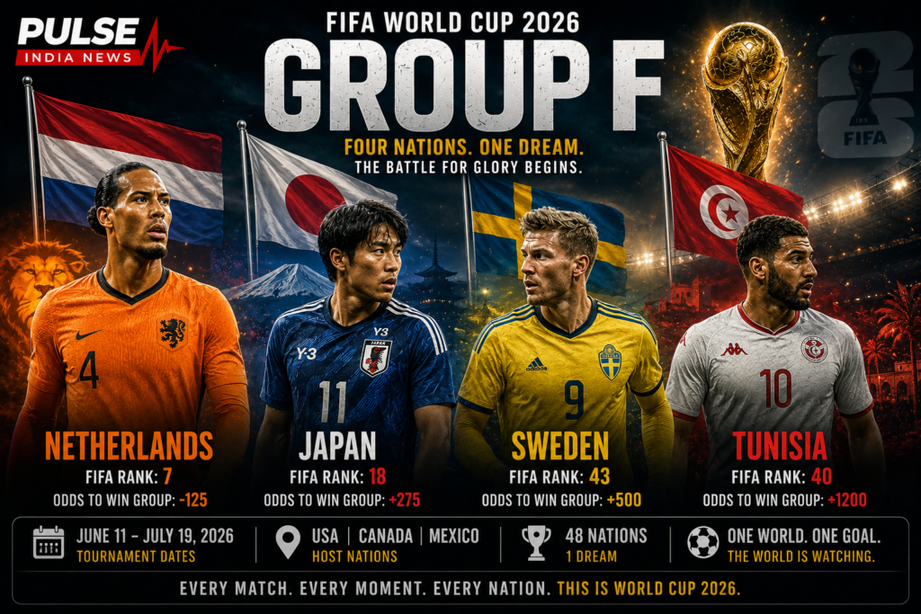 FIFA World Cup 2026 Group F preview poster featuring players from the Netherlands, Japan, Sweden and Tunisia standing in front of their national flags with the FIFA World Cup trophy in the center. The graphic displays FIFA rankings, tournament dates, host nations USA, Canada and Mexico, and Pulse India News branding, highlighting one of the most competitive groups of the tournament.