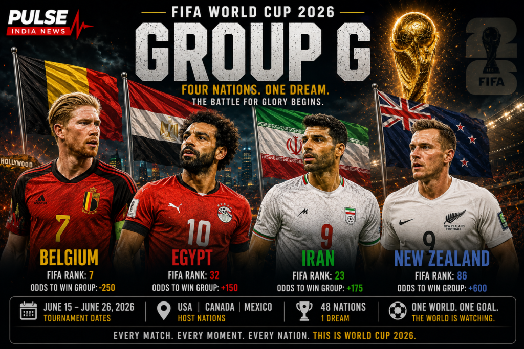 Cinematic FIFA World Cup 2026 Group G poster featuring Belgium, Egypt, Iran, and New Zealand with their national flags, star players, and the FIFA World Cup trophy against a dramatic stadium backdrop.