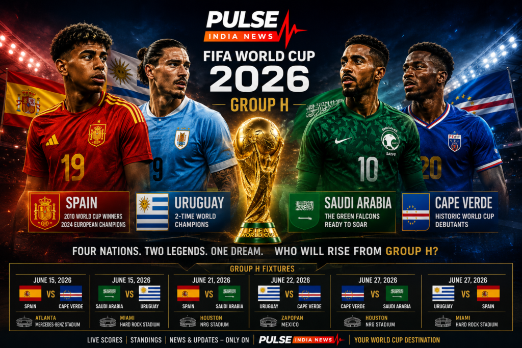 Cinematic FIFA World Cup 2026 Group H poster featuring Spain, Uruguay, Saudi Arabia and Cape Verde players surrounding the World Cup trophy inside a packed stadium with national flags and dramatic lighting effects.