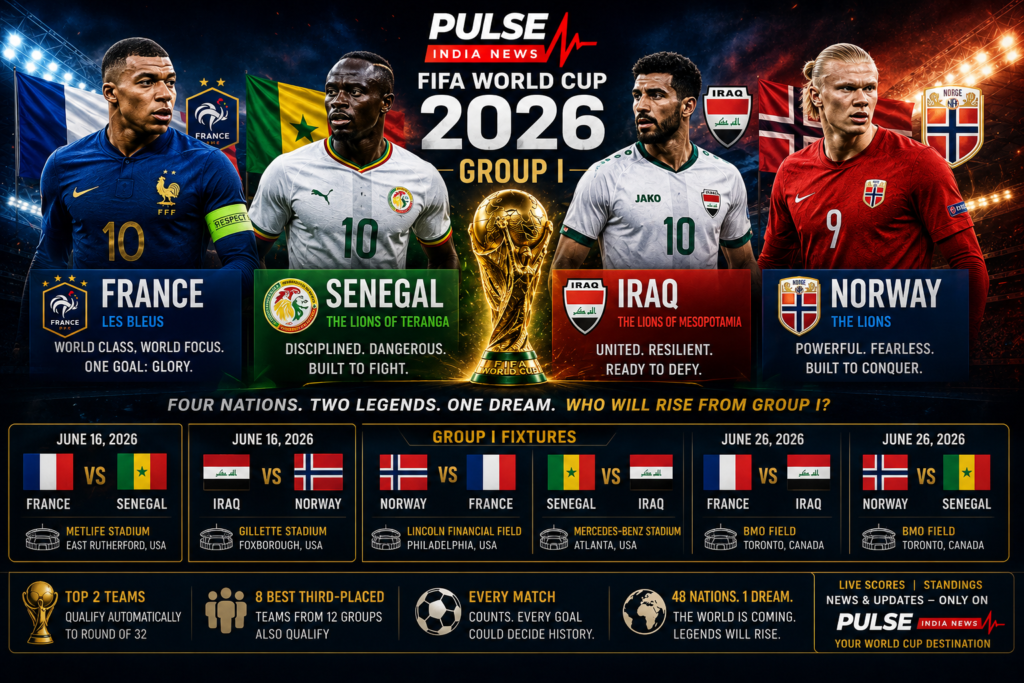 Cinematic FIFA World Cup 2026 Group I poster featuring France, Senegal, Iraq and Norway players surrounding the FIFA World Cup trophy, with national flags, stadium lights and tournament fixtures displayed beneath.