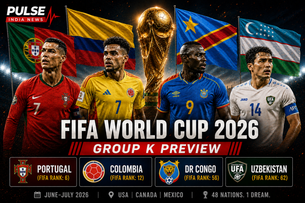FIFA World Cup 2026 Group K preview poster featuring Portugal, Colombia, DR Congo, and Uzbekistan. A golden World Cup trophy stands at the center, surrounded by four star players in their national team kits with their respective flags waving in the background. The cinematic stadium setting includes bright floodlights, sparks, and bold typography highlighting the Group K matchup.