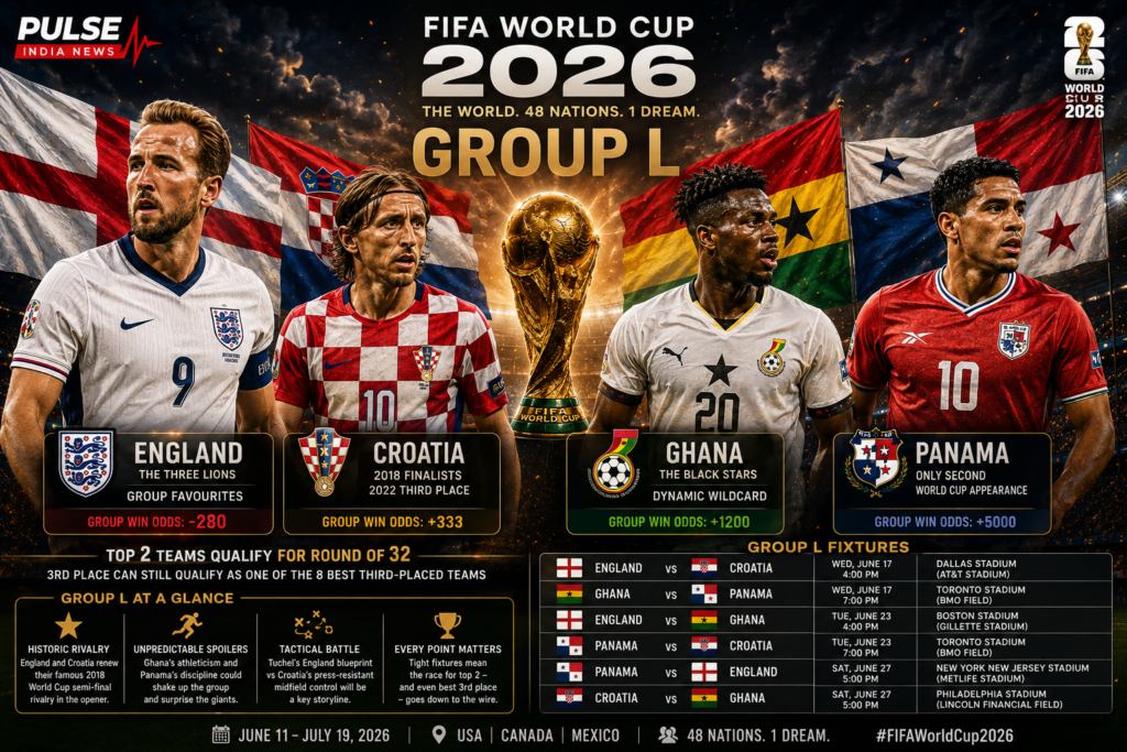FIFA World Cup 2026 Group L preview poster featuring England, Croatia, Ghana and Panama players standing in front of their national flags with the FIFA World Cup trophy at the center. The graphic highlights team profiles, qualification odds, key storylines and the Group L fixture schedule.