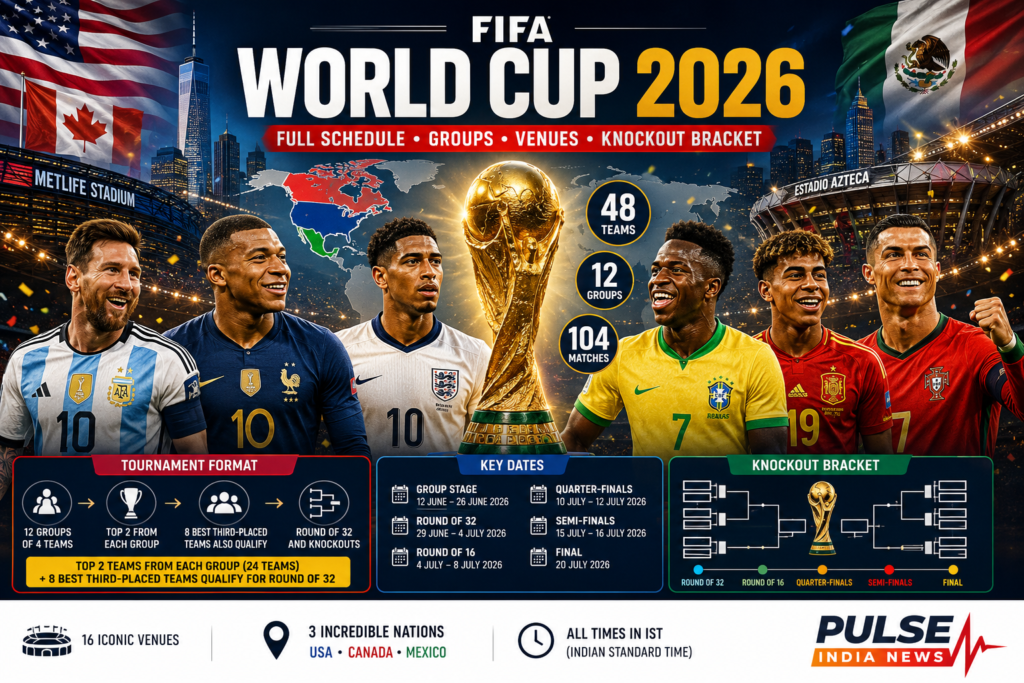 FIFA World Cup 2026 Full Schedule: Groups, Fixtures, Venues, Qualification Format & Knockout Bracket FIFA World Cup 2026 full schedule poster featuring the FIFA World Cup trophy, tournament bracket, host nation flags of the USA, Canada and Mexico, football stars, venue highlights, group format and knockout stage roadmap.