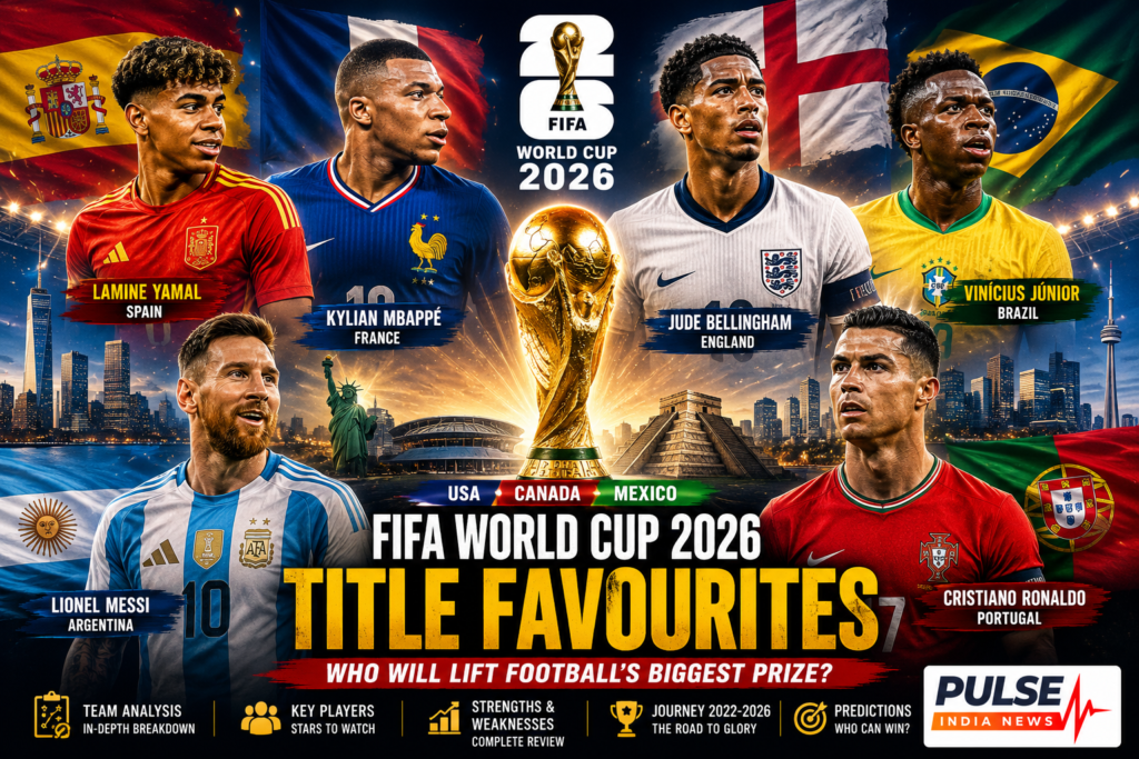 FIFA World Cup 2026 Title Favourites Analysis: Spain, France, England, Brazil, Argentina and Portugal FIFA World Cup 2026 title favourites poster featuring Lionel Messi, Cristiano Ronaldo, Kylian Mbappé, Jude Bellingham, Vinícius Júnior and Lamine Yamal surrounding the FIFA World Cup trophy with national flags and North American host city skylines.