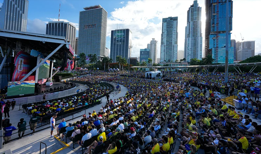 Fans gather at Bayfront Park in Miami to watch Brazil vs Morocco during the FIFA World Cup 2026