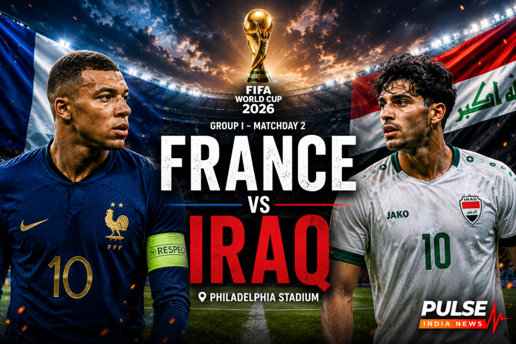 Kylian Mbappé of France and an Iraq national team player featured in a cinematic FIFA World Cup 2026 Group I match preview graphic at Philadelphia Stadium with the World Cup trophy and Pulse India News logo.