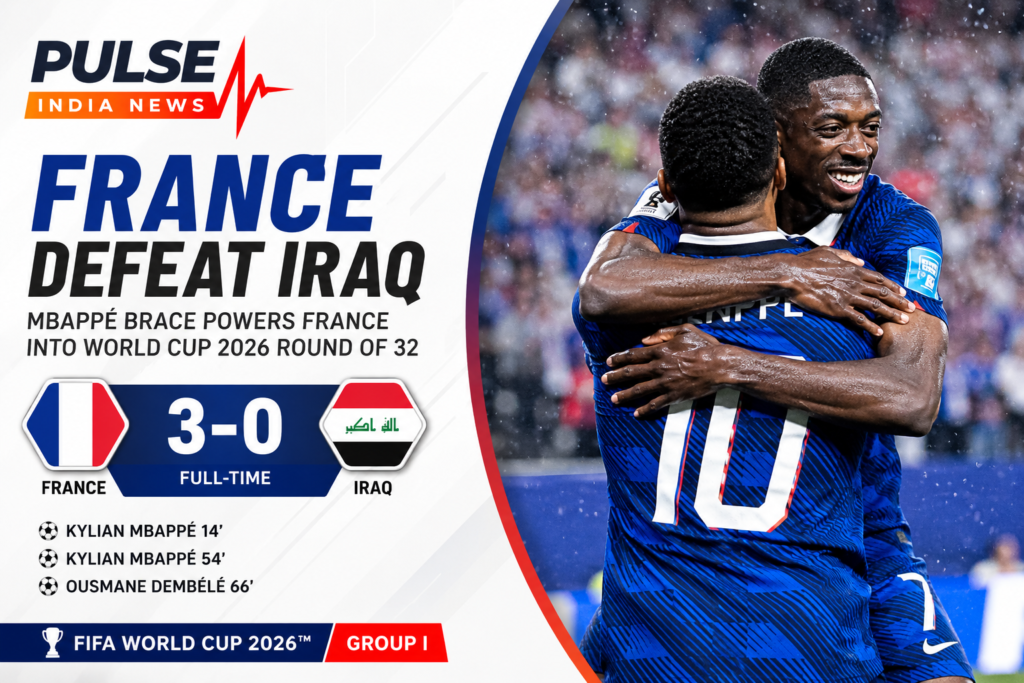 France vs Iraq Review: Mbappé Brace Powers France Into World Cup 2026 Round of 32 After Historic Weather Delay Pulse India News featured graphic showing France's 3-0 victory over Iraq in the FIFA World Cup 2026 Group I match, with Kylian Mbappé and Ousmane Dembélé celebrating and the final score displayed prominently.