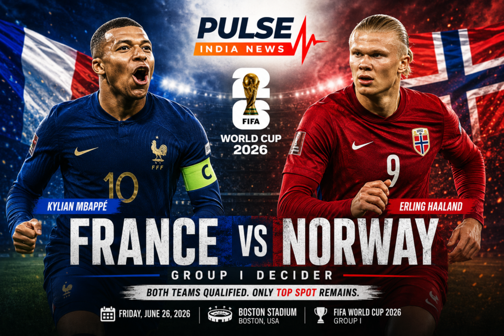 Cinematic France vs Norway FIFA World Cup 2026 Group I featured image showing Kylian Mbappé and Erling Haaland against a dramatic stadium backdrop with the Pulse India News logo.
