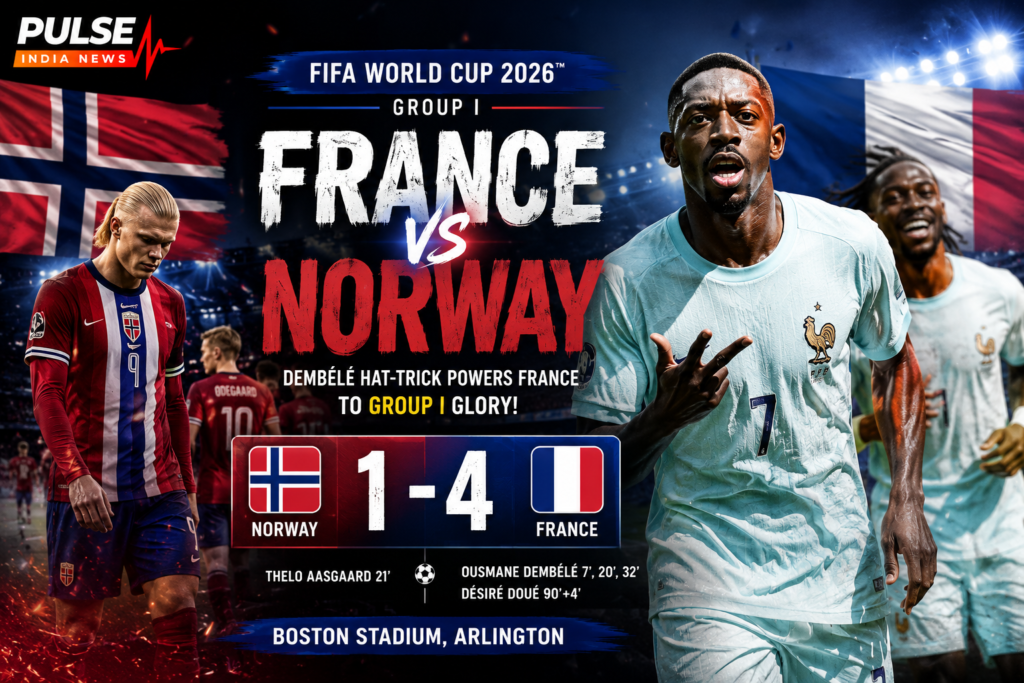 Ousmane Dembélé celebrates his hat-trick as France defeat Norway 4–1 in the FIFA World Cup 2026 Group I finale, with the Pulse India News logo and final score displayed on a cinematic match graphic.