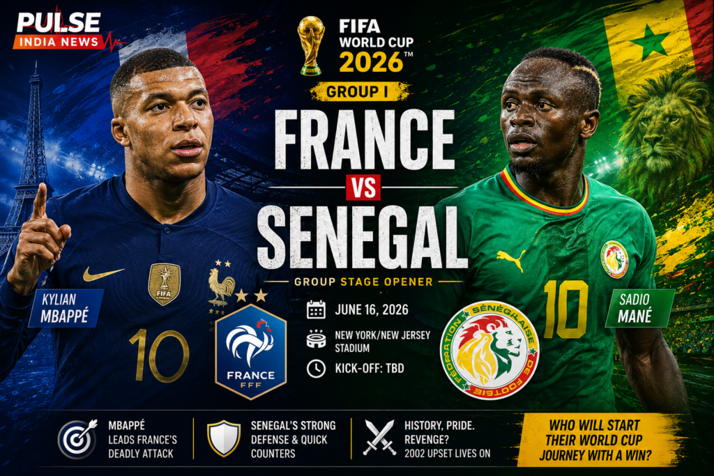 France vs Senegal Preview: Mbappé Leads Les Bleus Into World Cup 2026 Group I Clash France vs Senegal FIFA World Cup 2026 featured image showing Kylian Mbappé and Sadio Mané ahead of their Group I clash at New York/New Jersey Stadium, with Pulse India News branding and tournament graphics.