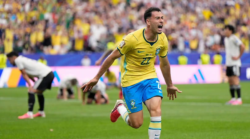 Gabriel Martinelli celebrates after scoring Brazil winner against Japan in FIFA World Cup 2026 Round of 32