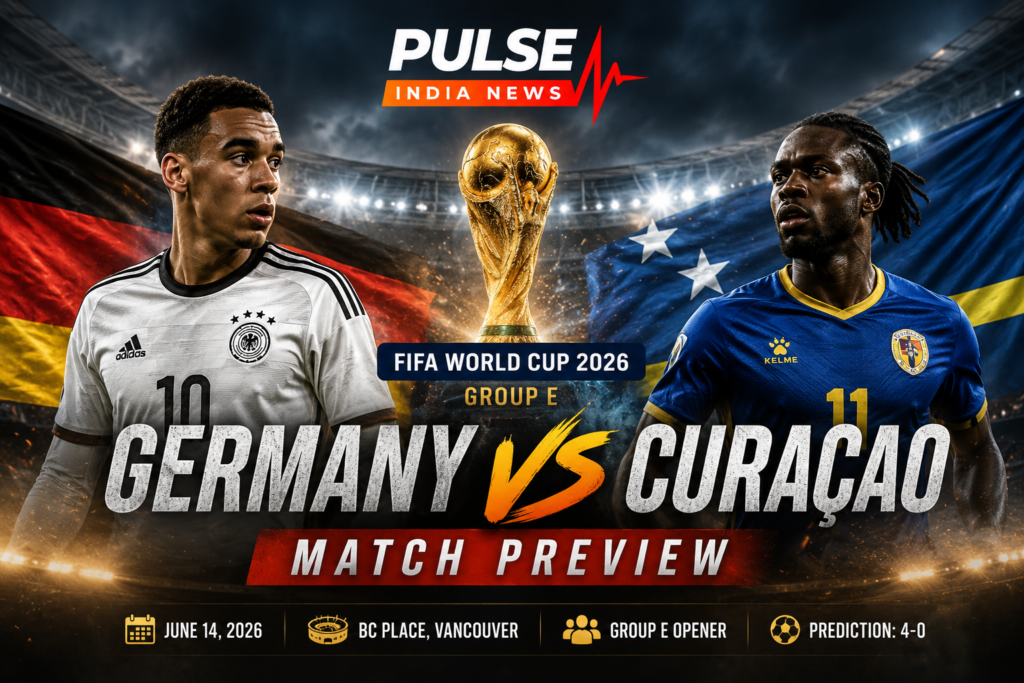 Germany vs Curaçao Preview: Predicted Lineups, Tactical Analysis & Prediction Germany and Curaçao players facing off in a cinematic FIFA World Cup 2026 Group E match preview graphic with the World Cup trophy, stadium lights, and Pulse India News logo.