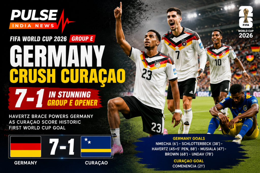 Germany vs Curaçao Review: Havertz Brace Powers Germany to 7-1 World Cup Rout Germany players celebrate a commanding 7-1 victory over Curaçao in the FIFA World Cup 2026 Group E match, with Houston Stadium illuminated under dramatic lights and Pulse India News branding featured prominently.