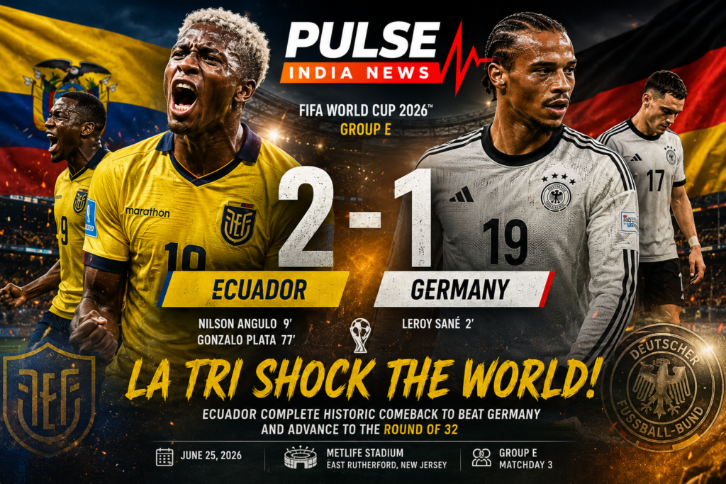 Cinematic FIFA World Cup 2026 match poster featuring Ecuador's historic 2-1 comeback victory over Germany, highlighting Nilson Angulo and Gonzalo Plata with the Pulse India News logo and final score.