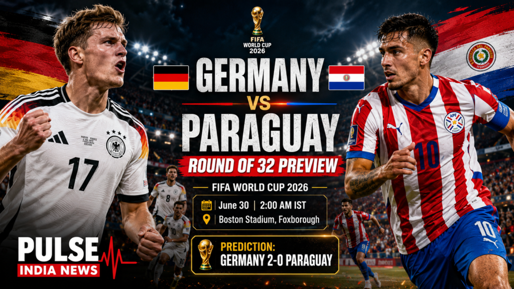 Germany and Paraguay players face off in a cinematic FIFA World Cup 2026 Round of 32 preview graphic with match time, venue and prediction details.