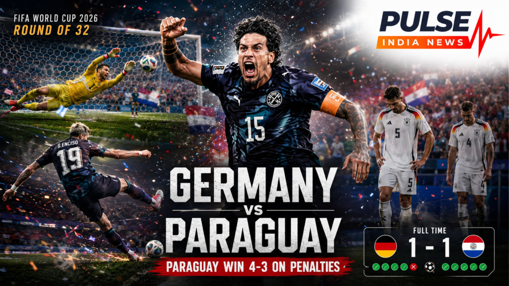 Cinematic featured image showing Paraguay celebrating a dramatic FIFA World Cup 2026 Round of 32 penalty shootout win over Germany, with Orlando Gill’s save and the 1-1 full-time score highlighted.