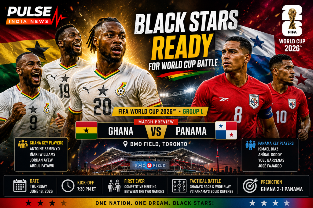 Ghana vs Panama Preview: Predicted Lineups, Tactical Analysis & World Cup 2026 Prediction Antoine Semenyo leads Ghana ahead of their FIFA World Cup 2026 Group L opener against Panama in a cinematic Pulse India News match preview graphic featuring stadium lights and tournament branding.