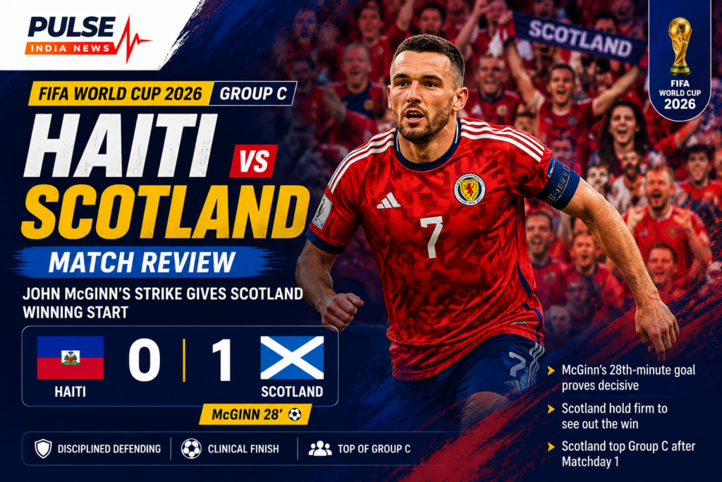 Featured graphic showing Scotland captain John McGinn during the FIFA World Cup 2026 Group C match against Haiti, highlighting Scotland's 1-0 victory and McGinn's match-winning goal.