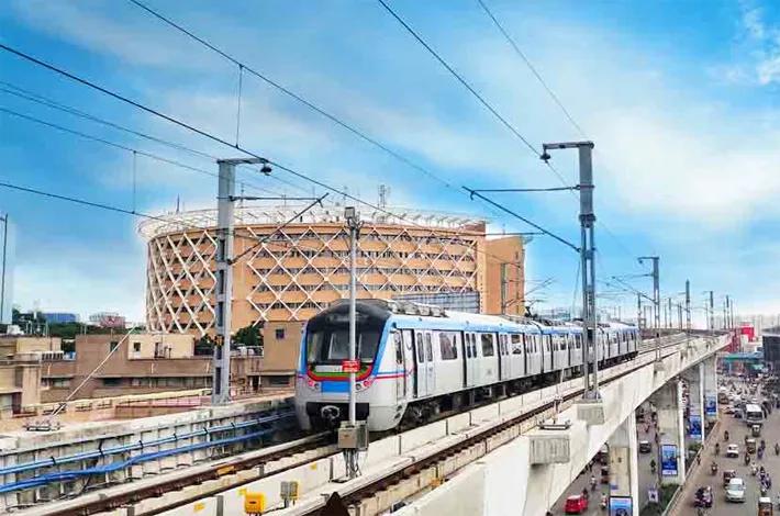 Hyderabad Metro train running on an elevated corridor in the city as Phase-II expansion plans gain momentum.