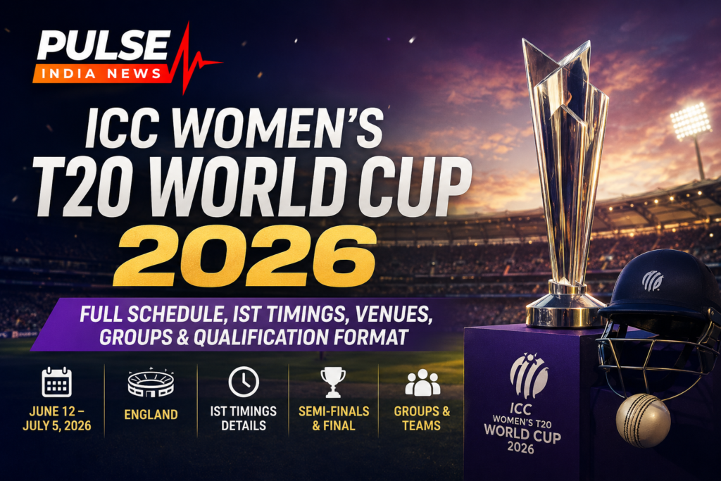 ICC Women's T20 World Cup 2026 Full Schedule: Fixtures, IST Timings, Venues, Groups & Qualification Format ICC Womenโs T20 World Cup 2026 promotional graphic featuring the tournament trophy, cricket stadium, schedule details, venues, IST timings, groups and qualification format with Pulse India News branding.