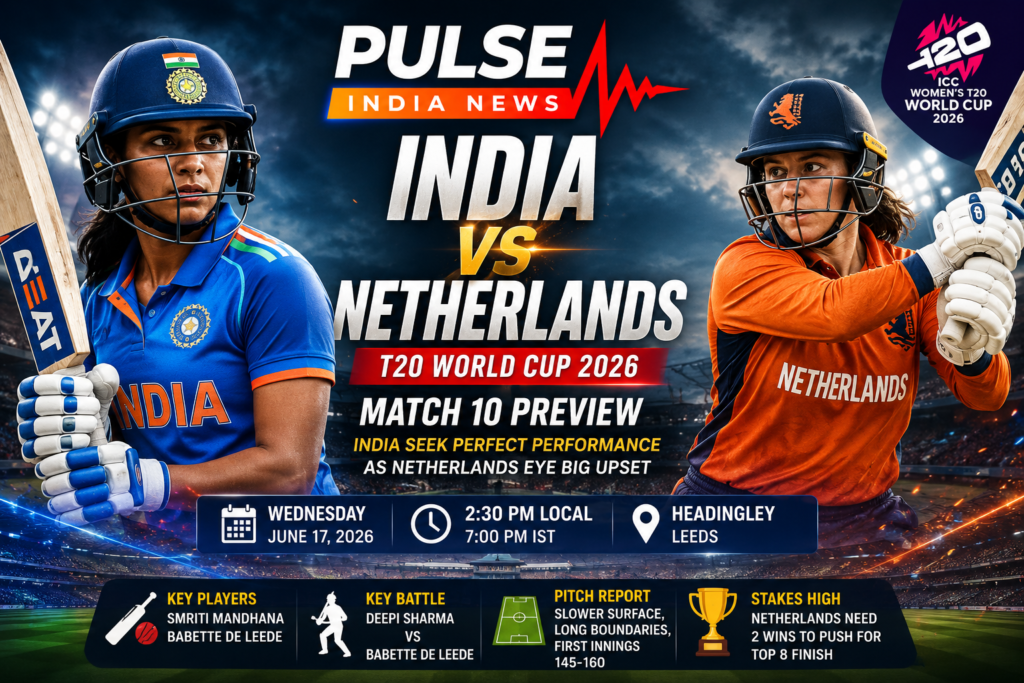 Promotional graphic for the ICC Women's T20 World Cup 2026 Match 10 featuring India Women and Netherlands Women players ahead of their Group A clash at Headingley, Leeds.
