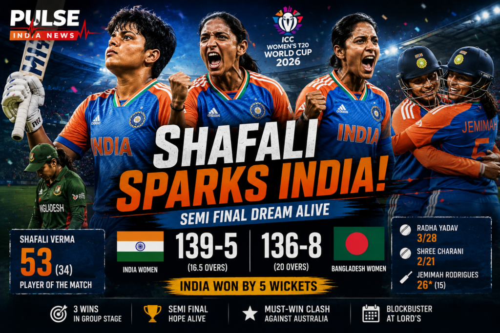 India Women celebrate a crucial five-wicket victory over Bangladesh Women in the ICC Women's T20 World Cup 2026 as Shafali Verma headlines the cinematic Pulse India News featured image with India's semifinal hopes still alive.