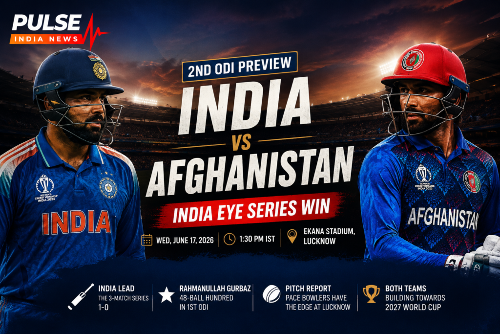 India vs Afghanistan 2nd ODI Preview: India Eye Series Win as Gurbaz Threat Looms Large India vs Afghanistan 2nd ODI featured image for ICC Cricket World Cup 2027 preparations, showcasing Rohit Sharma, Shubman Gill, Rahmanullah Gurbaz and Rashid Khan in a dramatic stadium setting with Pulse India News branding.
