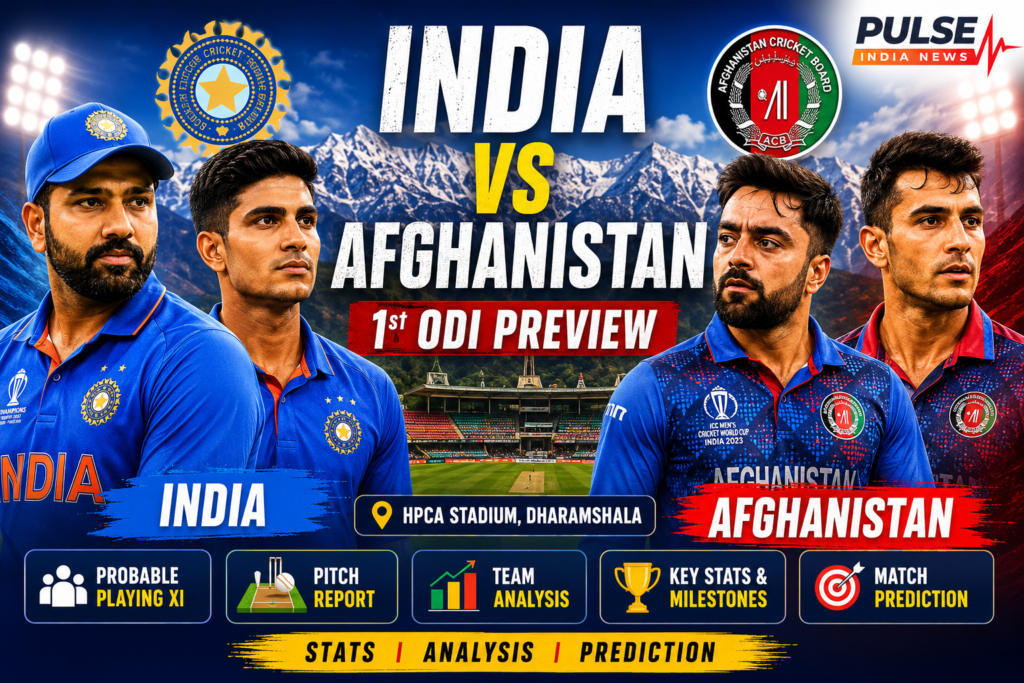 India vs Afghanistan 1st ODI Preview: Probable XI, Team Analysis, Pitch Report & Prediction India vs Afghanistan 1st ODI preview poster featuring Rohit Sharma, Shubman Gill, Rashid Khan and Azmatullah Omarzai at HPCA Stadium Dharamsala.