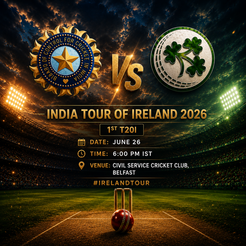 Cinematic promotional poster for the India Tour of Ireland 2026 featuring the BCCI and Cricket Ireland logos facing each other with a gold "VS" over a floodlit cricket stadium. The poster highlights the 1st T20I on June 26 at 6:00 PM IST, to be played at Civil Service Cricket Club, Belfast.