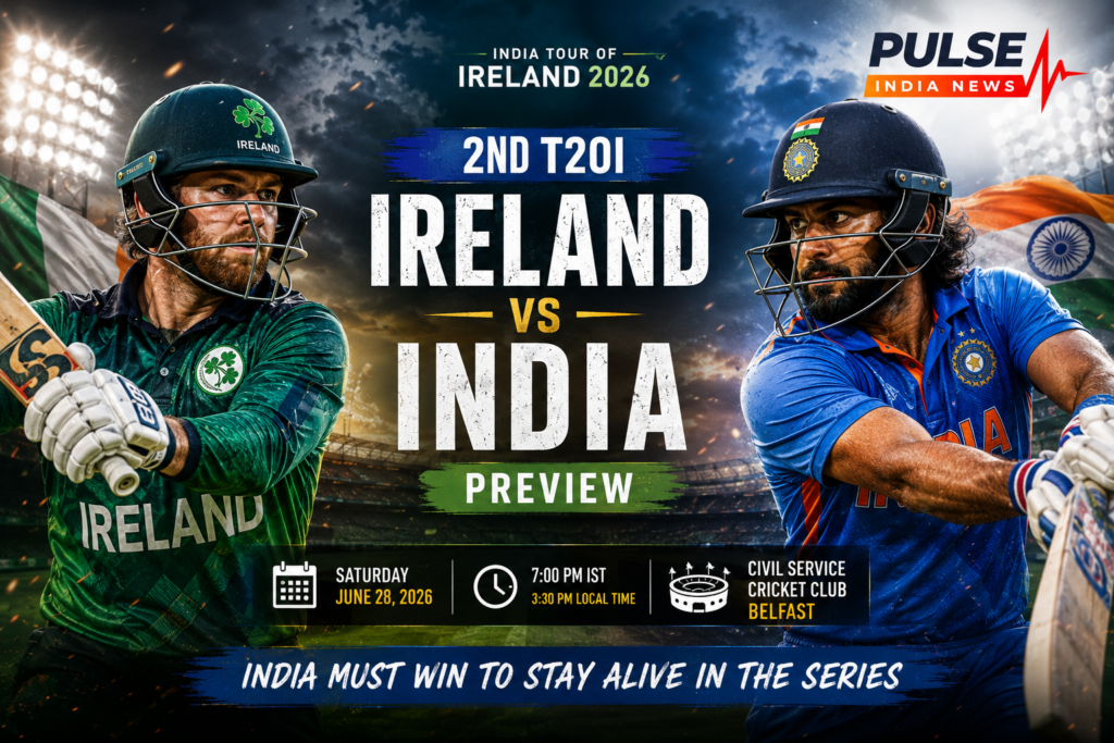 Cinematic Ireland vs India 2nd T20I preview poster featuring representative cricketers from Ireland and India in their national kits under floodlights at Civil Service Cricket Club, Belfast, with the Pulse India News logo and India Tour of Ireland 2026 branding.