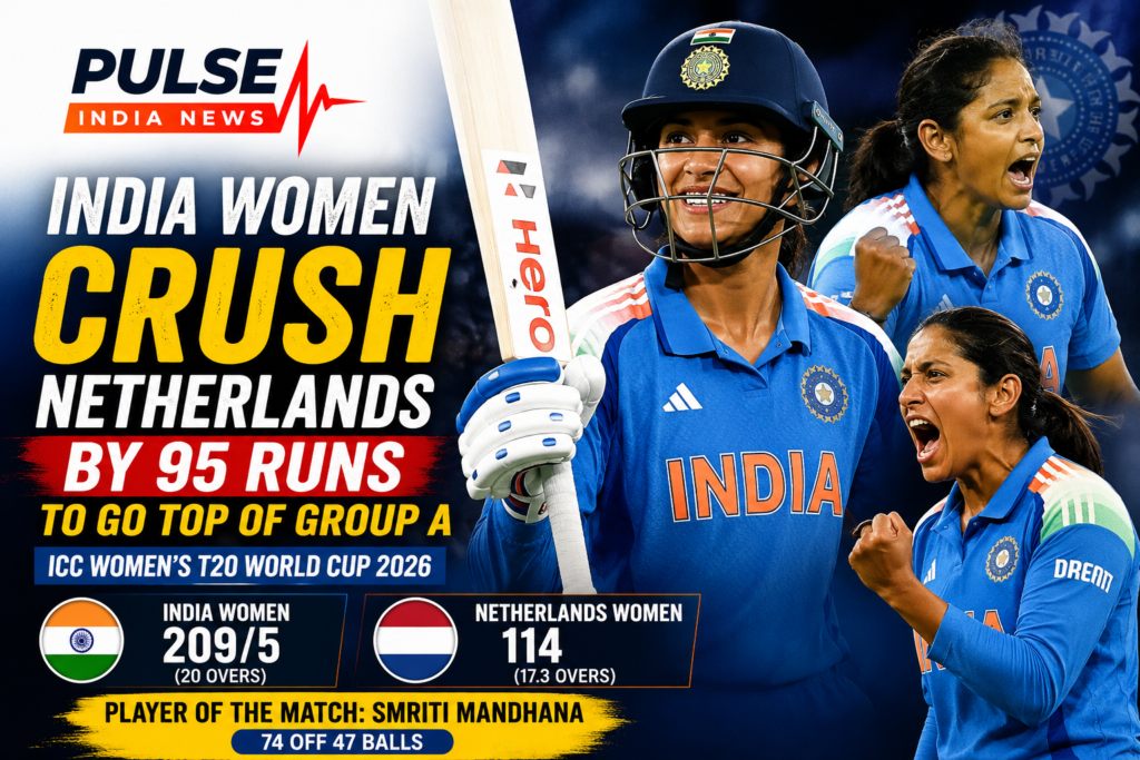 Smriti Mandhana celebrates after scoring 74 runs as India Women defeat Netherlands Women by 95 runs in the ICC Women's T20 World Cup 2026, moving to the top of Group A.