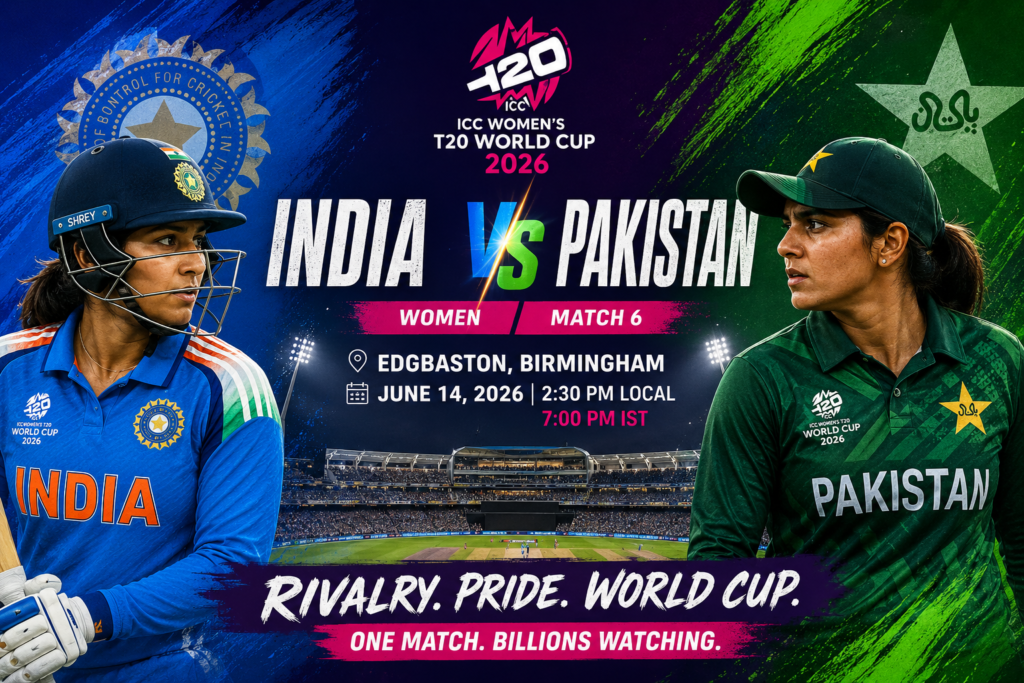 India Women vs Pakistan Women Preview: Prediction, Playing XI, Team Analysis | Women's T20 World Cup 2026 India Women and Pakistan Women captains face off in a dramatic ICC Women's T20 World Cup 2026 promotional poster ahead of their Group Stage clash at Edgbaston, Birmingham