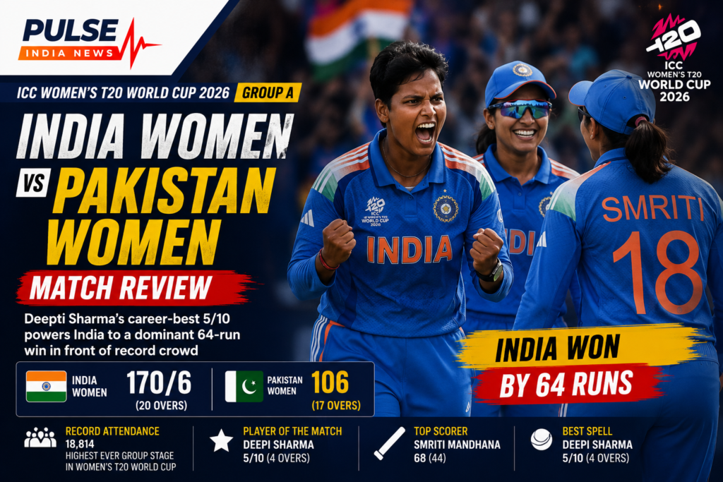 India Women vs Pakistan Women Review: Deepti Sharma's Five-Wicket Haul Powers 64-Run World Cup Victory India Women players celebrate after defeating Pakistan Women by 64 runs in the ICC Women's T20 World Cup 2026, with Deepti Sharma leading the victory through a match-winning five-wicket spell.