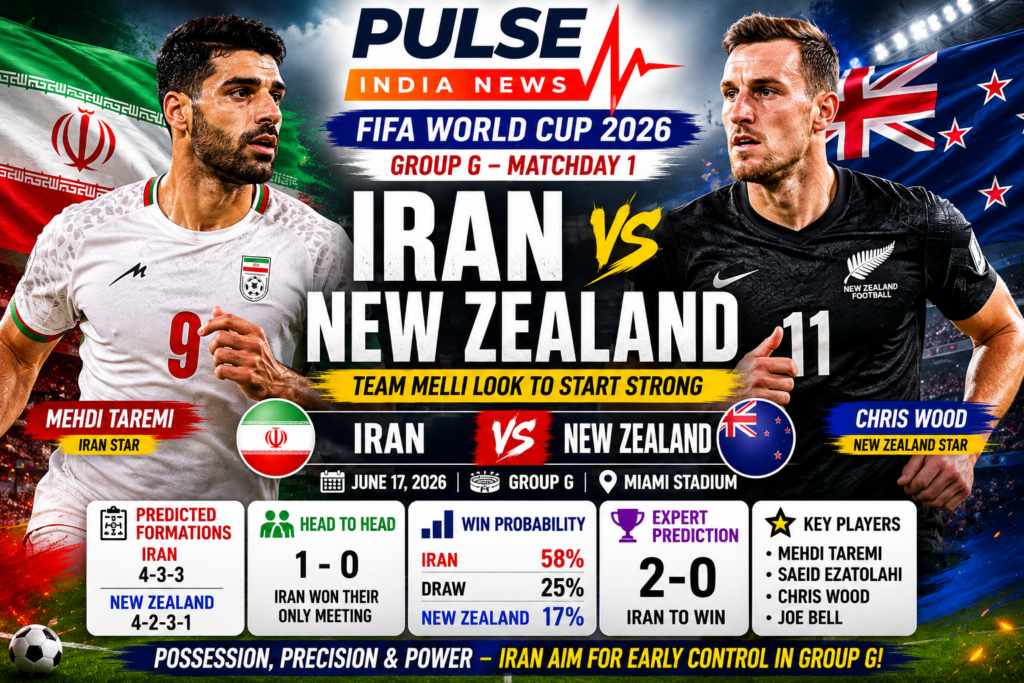 Featured image for the Iran vs New Zealand FIFA World Cup 2026 Group G preview, featuring the Pulse India News logo alongside match branding highlighting predicted lineups, tactical analysis, key players Mehdi Taremi and Chris Wood, and match prediction.