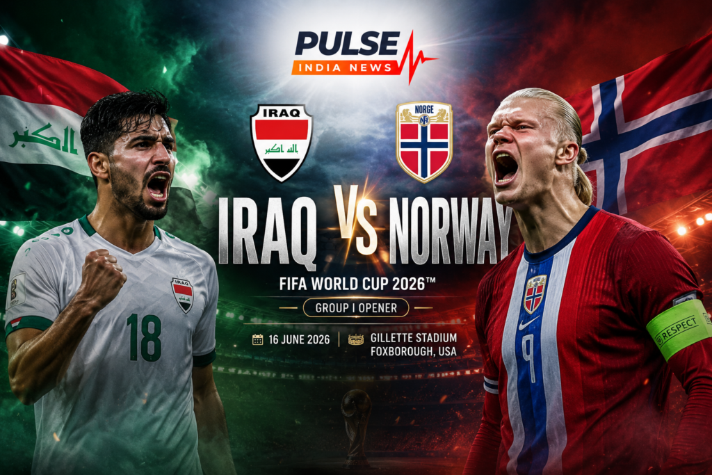 Iraq vs Norway FIFA World Cup 2026 featured image showing an Iraqi player and Erling Haaland facing off in a dramatic stadium atmosphere with national flags, team crests, and Pulse India News branding.