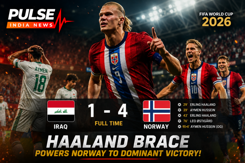 Erling Haaland celebrates during Norway's 4-1 victory over Iraq in the FIFA World Cup 2026 Group I match, with the final score and goalscorers displayed in a cinematic sports graphic featuring the Pulse India News logo.