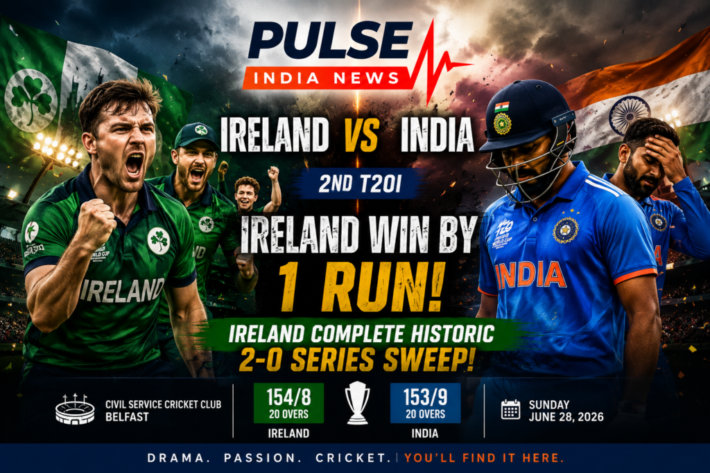 Cinematic cricket featured graphic showing Ireland defeating India by 1 run in the 2nd T20I at Belfast to complete a historic 2-0 series sweep, with the Pulse India News logo.
