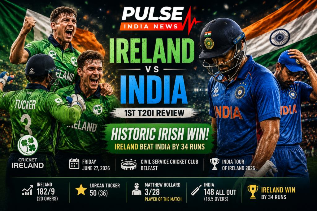 Cinematic Ireland vs India 1st T20I review featured image showing jubilant Ireland players celebrating a historic 34-run victory over India at Civil Service Cricket Club, Belfast, with the Pulse India News logo.