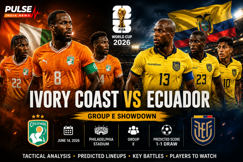 Cinematic FIFA World Cup 2026 match preview graphic featuring Ivory Coast and Ecuador players facing off under stadium lights, with national team crests, the World Cup trophy, and Pulse India News branding.