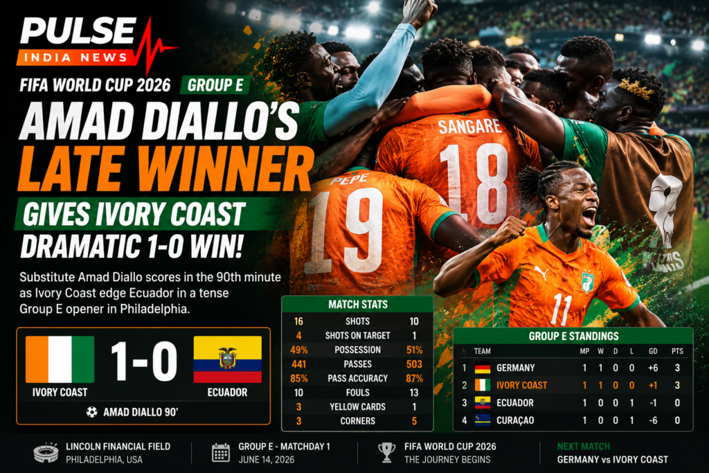 A dramatic FIFA World Cup 2026 match graphic featuring Ivory Coast players celebrating Amad Diallo's late winner against Ecuador, alongside match statistics, Group E standings, and Pulse India News branding.