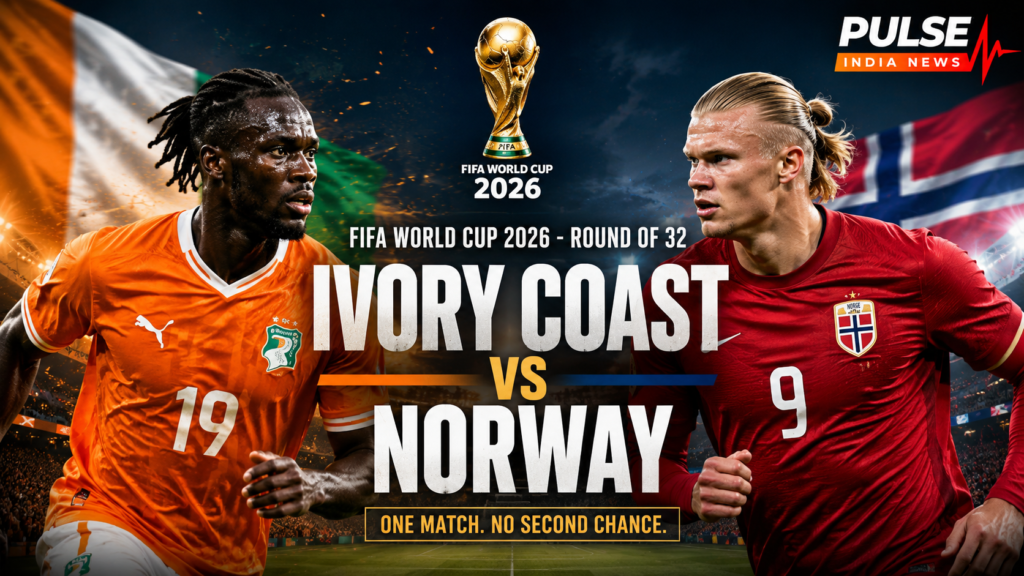 Cinematic featured image showing Ivory Coast vs Norway in the FIFA World Cup 2026 Round of 32, with an Ivory Coast player in orange facing a Norway striker in red and the Pulse India News logo.