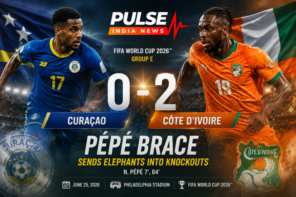 Cinematic FIFA World Cup 2026 match graphic showing Curaçao and Côte d'Ivoire players with the final score of 2-0, highlighting Nicolas Pépé's match-winning brace and Pulse India News branding.