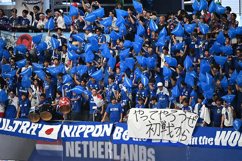 Japan fans cheer with blue flags before the FIFA World Cup 2026 Group F match against the Netherlands