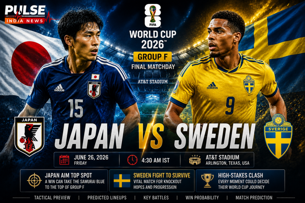 Japan vs Sweden preview featured image showing Japan and Sweden players ahead of the FIFA World Cup 2026 Group F final matchday at AT&T Stadium in Arlington, with tournament branding and Pulse India News logo.