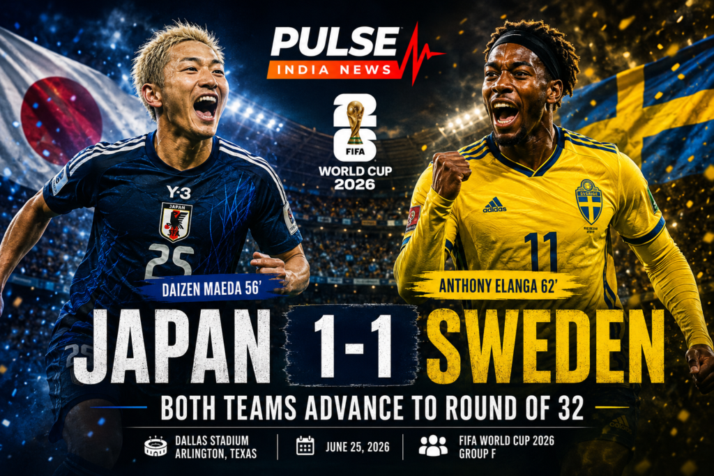 Japan and Sweden players celebrate in a cinematic FIFA World Cup 2026 match graphic after their 1-1 Group F draw, with Daizen Maeda and Anthony Elanga featured alongside the Pulse India News logo.