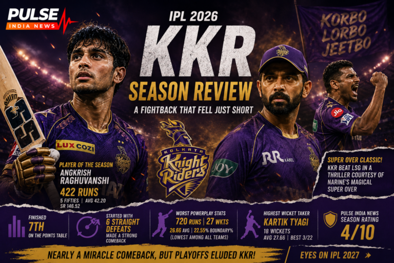 Kolkata Knight Riders IPL 2026 season review graphic featuring Angkrish Raghuvanshi, Ajinkya Rahane and Kartik Tyagi, highlighting KKR's seventh-place finish, late-season comeback, Super Over win against LSG and key season statistics.