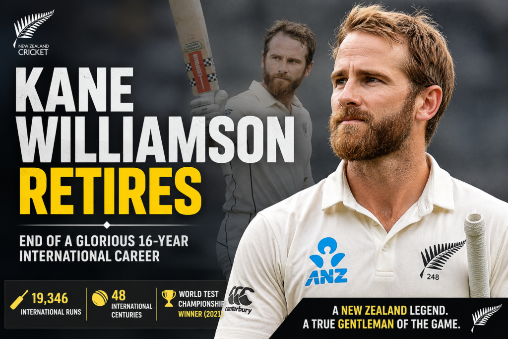 Kane Williamson Retires: New Zealand Legend Ends Glorious 16-Year International Cricket Career Kane Williamson retirement tribute graphic featuring the former New Zealand captain in Test whites, career statistics, World Test Championship achievement and a farewell message celebrating his 16-year international cricket career.