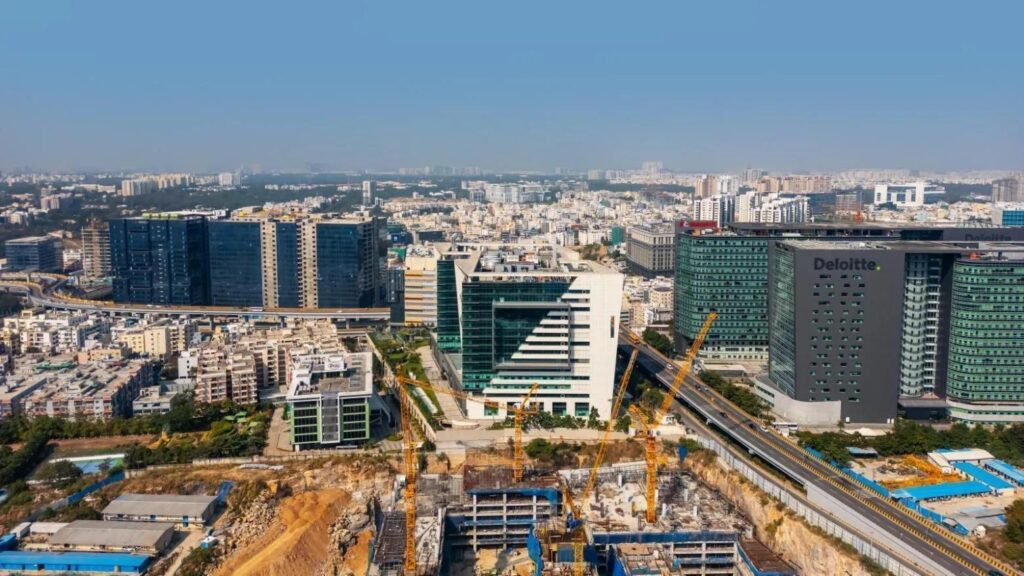 Aerial view of Hyderabad’s Financial District and IT corridor near Kokapet, one of the key growth zones expected to benefit from the proposed Hyderabad Metro Phase-II expansion.
